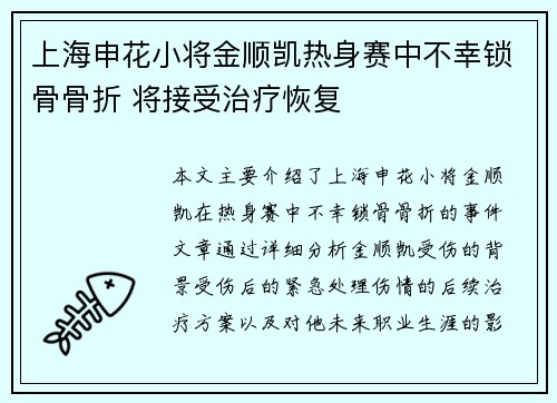 上海申花小将金顺凯热身赛中不幸锁骨骨折 将接受治疗恢复